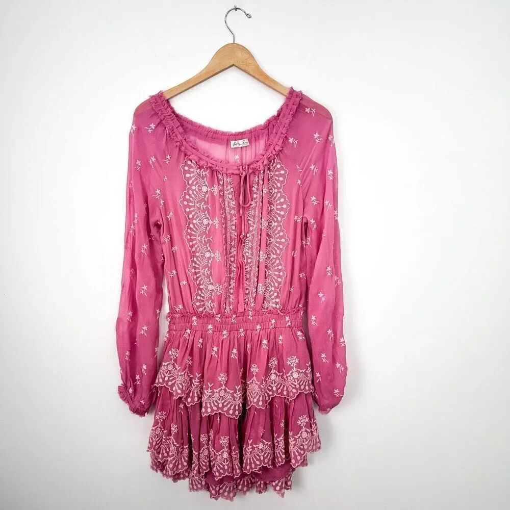 LoveShackFancy Women’s Tea Rose Pink Semi Sheer Embroidered Long Sleeve Mini Dre